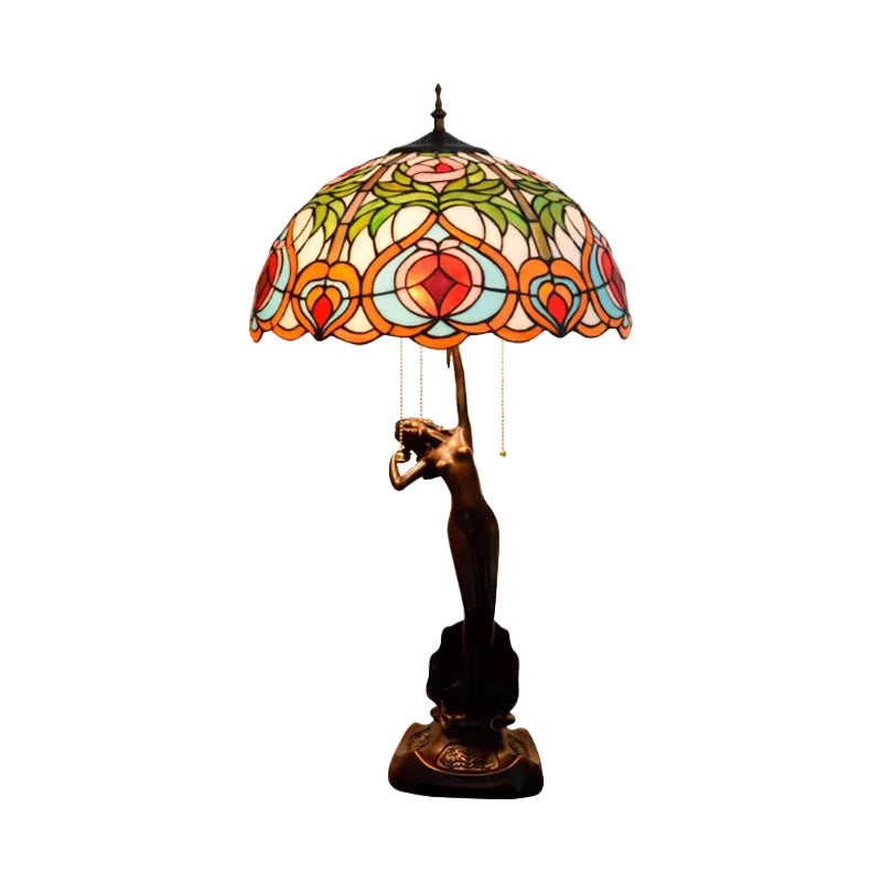 Orange/Yellow Glass Bowl Night Light Victorian Style 3 Bulbs Black Table Lighting with Pull Chain and Girl Base Clearhalo 'Lamps' 'Table Lamps' Lighting' 889589
