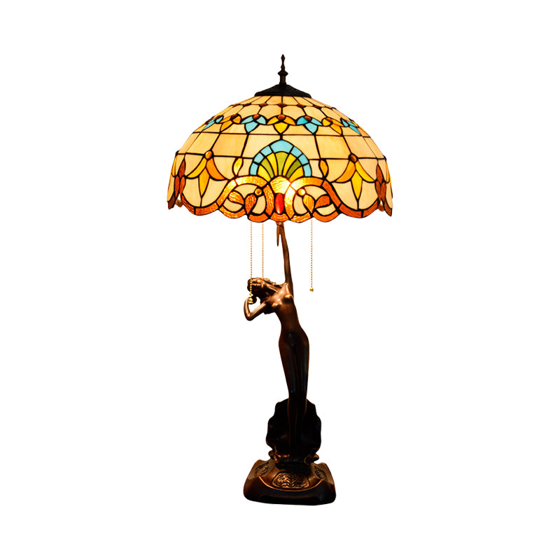 3-Head Nightstand Lamp Mediterranean Spikelet Beige/Teardrop-Edge Blue and White/Flower Blue and Brown Glass Table Light with Pulling Chain Clearhalo 'Lamps' 'Table Lamps' Lighting' 889592