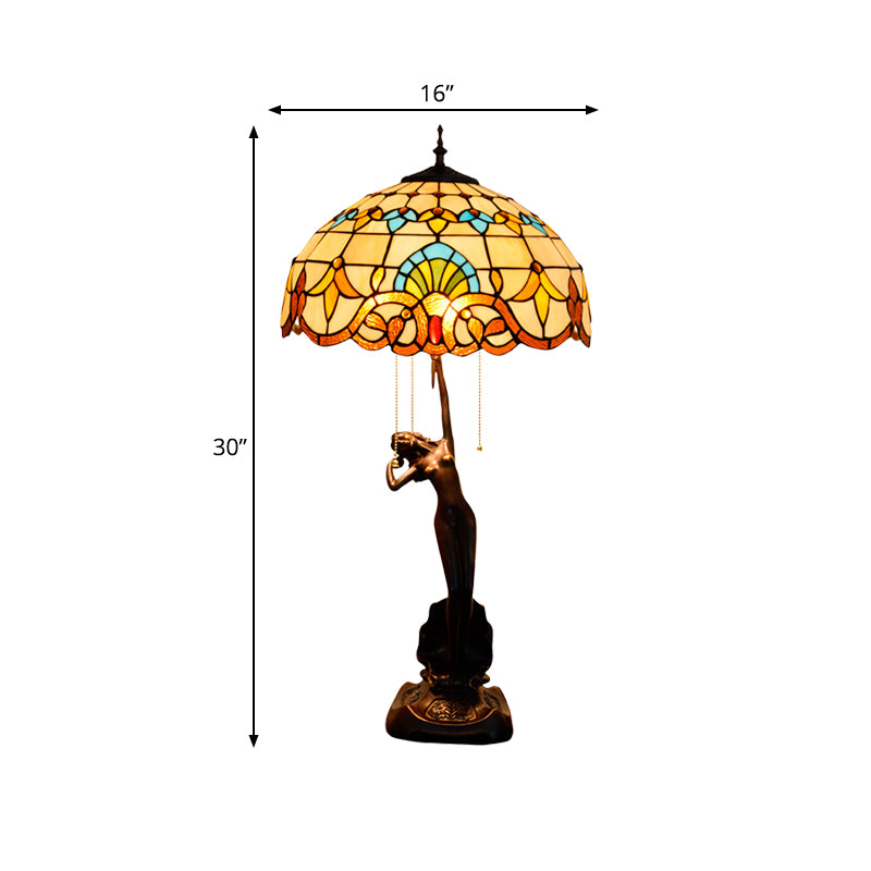 3-Head Nightstand Lamp Mediterranean Spikelet Beige/Teardrop-Edge Blue and White/Flower Blue and Brown Glass Table Light with Pulling Chain Clearhalo 'Lamps' 'Table Lamps' Lighting' 889594