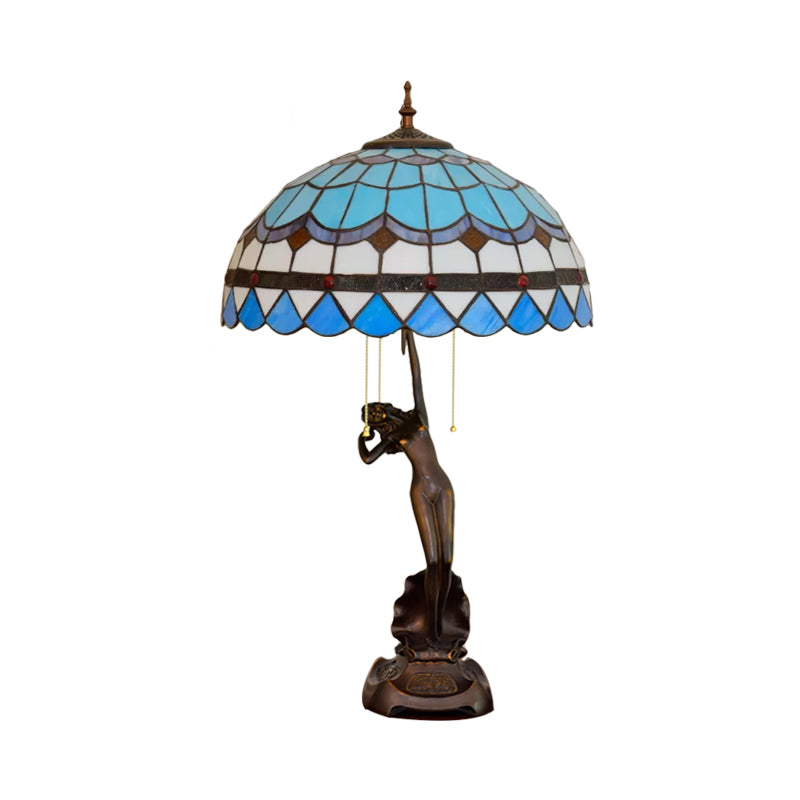 3-Head Nightstand Lamp Mediterranean Spikelet Beige/Teardrop-Edge Blue and White/Flower Blue and Brown Glass Table Light with Pulling Chain Clearhalo 'Lamps' 'Table Lamps' Lighting' 889598