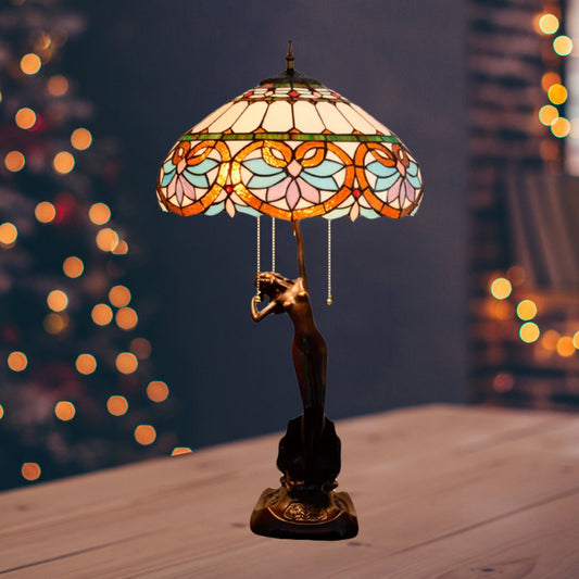 3-Head Nightstand Lamp Mediterranean Spikelet Beige/Teardrop-Edge Blue and White/Flower Blue and Brown Glass Table Light with Pulling Chain Blue-Brown Clearhalo 'Lamps' 'Table Lamps' Lighting' 889599