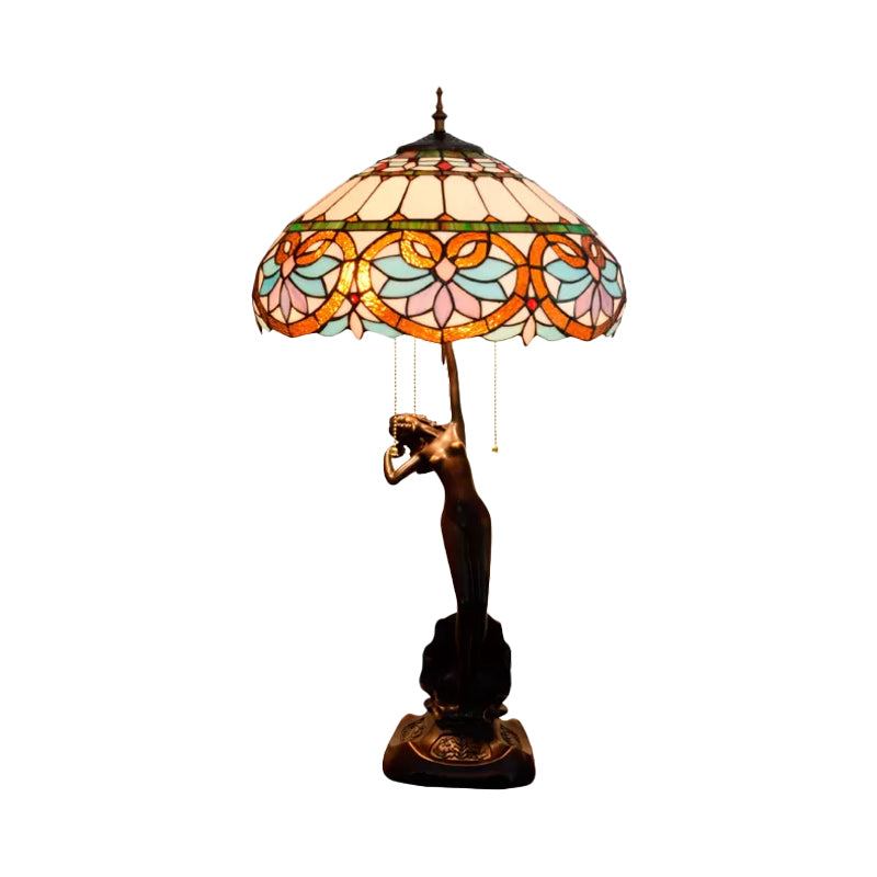 3-Head Nightstand Lamp Mediterranean Spikelet Beige/Teardrop-Edge Blue and White/Flower Blue and Brown Glass Table Light with Pulling Chain Clearhalo 'Lamps' 'Table Lamps' Lighting' 889601