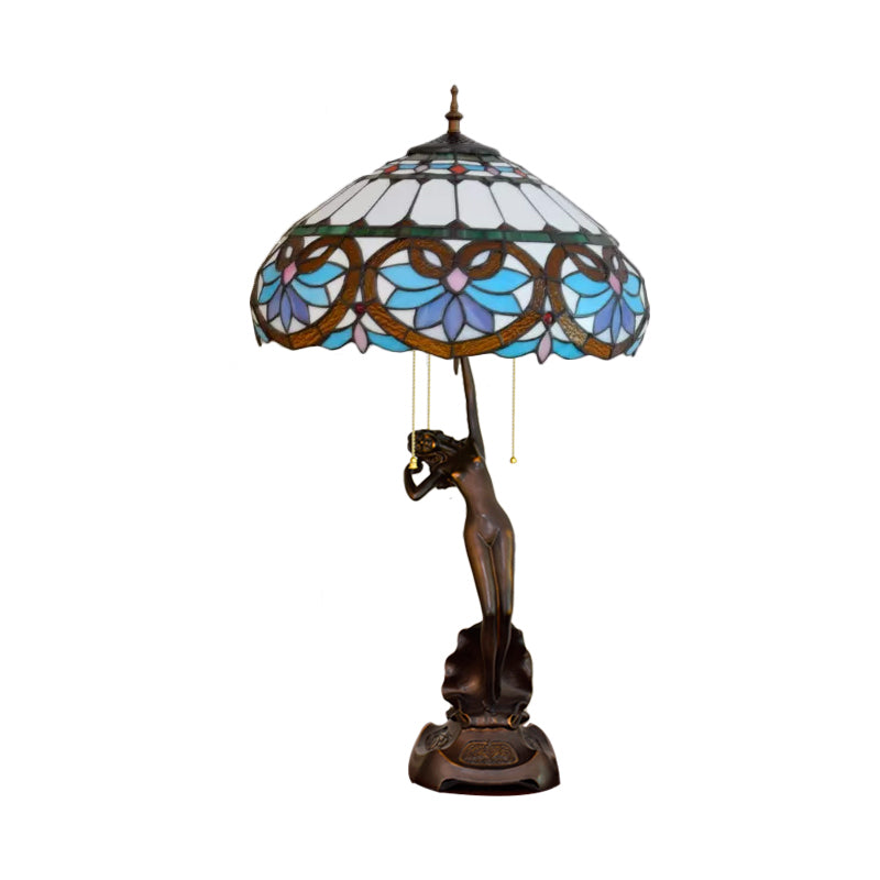 3-Head Nightstand Lamp Mediterranean Spikelet Beige/Teardrop-Edge Blue and White/Flower Blue and Brown Glass Table Light with Pulling Chain Clearhalo 'Lamps' 'Table Lamps' Lighting' 889602