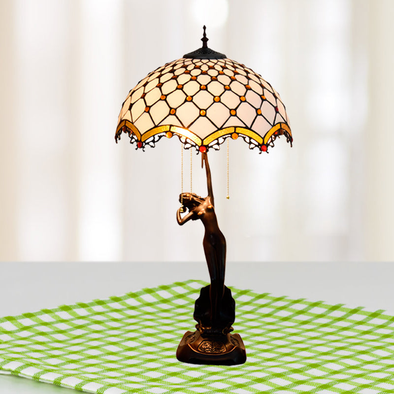 Resin Coffee Pull-Chain Night Stand Light Lady Statue 3-Light Tiffany Table Lamp with Parrot Blue-Brown/Trellis Yellow-White Glass Shade Yellow-White Clearhalo 'Lamps' 'Table Lamps' Lighting' 889603
