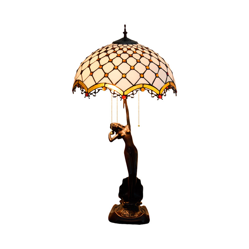 Resin Coffee Pull-Chain Night Stand Light Lady Statue 3-Light Tiffany Table Lamp with Parrot Blue-Brown/Trellis Yellow-White Glass Shade Clearhalo 'Lamps' 'Table Lamps' Lighting' 889604