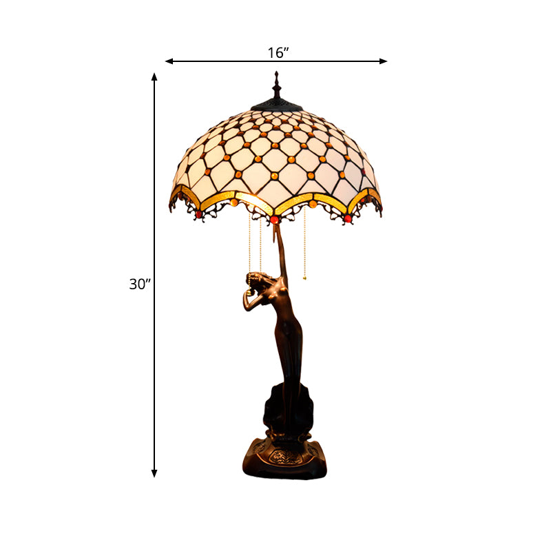 Resin Coffee Pull-Chain Night Stand Light Lady Statue 3-Light Tiffany Table Lamp with Parrot Blue-Brown/Trellis Yellow-White Glass Shade Clearhalo 'Lamps' 'Table Lamps' Lighting' 889606