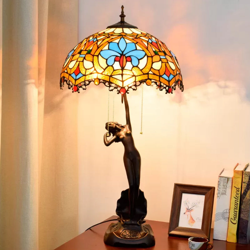 Resin Coffee Pull-Chain Night Stand Light Lady Statue 3-Light Tiffany Table Lamp with Parrot Blue-Brown/Trellis Yellow-White Glass Shade Blue-Brown Clearhalo 'Lamps' 'Table Lamps' Lighting' 889607