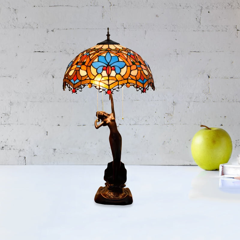 Resin Coffee Pull-Chain Night Stand Light Lady Statue 3-Light Tiffany Table Lamp with Parrot Blue-Brown/Trellis Yellow-White Glass Shade Clearhalo 'Lamps' 'Table Lamps' Lighting' 889608