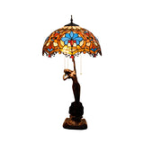 Resin Coffee Pull-Chain Night Stand Light Lady Statue 3-Light Tiffany Table Lamp with Parrot Blue-Brown/Trellis Yellow-White Glass Shade Clearhalo 'Lamps' 'Table Lamps' Lighting' 889609
