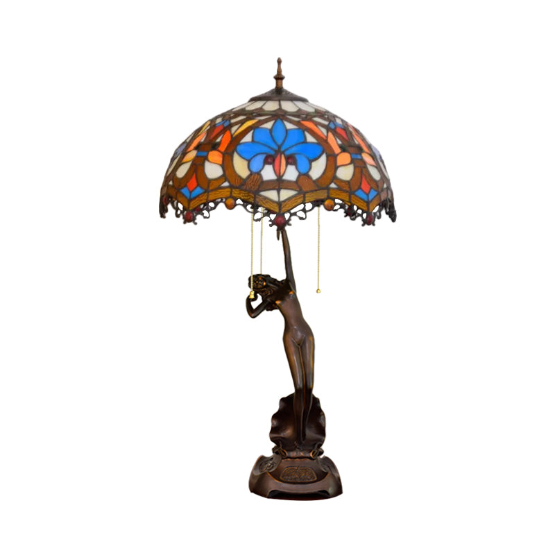 Resin Coffee Pull-Chain Night Stand Light Lady Statue 3-Light Tiffany Table Lamp with Parrot Blue-Brown/Trellis Yellow-White Glass Shade Clearhalo 'Lamps' 'Table Lamps' Lighting' 889610