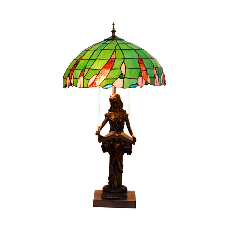 Girl Reading Resin Pull Chain Table Light Tiffany 2 Heads Coffee Nightstand Lamp with Bowl Green Glass Shade Clearhalo 'Lamps' 'Table Lamps' Lighting' 889628