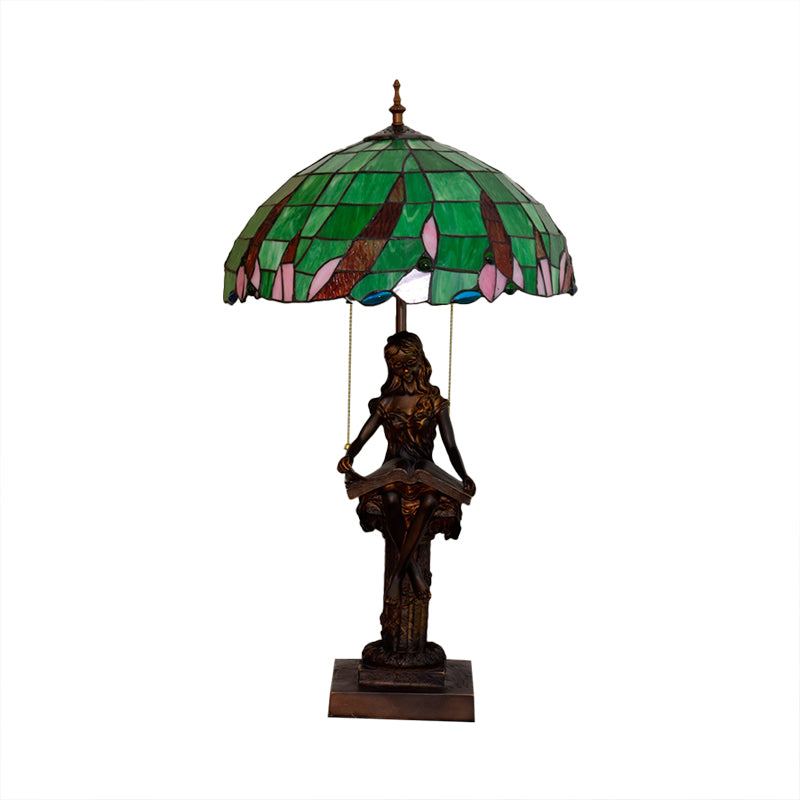 Girl Reading Resin Pull Chain Table Light Tiffany 2 Heads Coffee Nightstand Lamp with Bowl Green Glass Shade Clearhalo 'Lamps' 'Table Lamps' Lighting' 889629