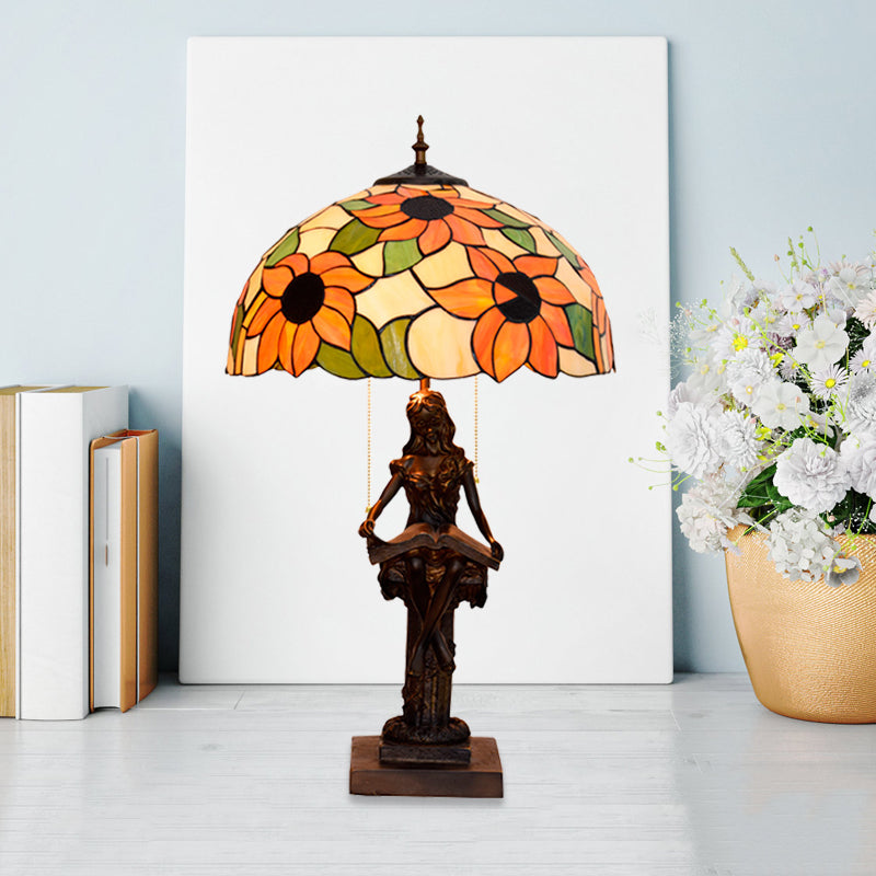Little Girl Reading Book Table Lamp 2 Lights Resin Baroque Pull-Chain Nightstand Light with Sunflower Red/Orange Glass Shade Orange Clearhalo 'Lamps' 'Table Lamps' Lighting' 889631
