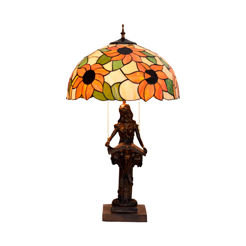 Little Girl Reading Book Table Lamp 2 Lights Resin Baroque Pull-Chain Nightstand Light with Sunflower Red/Orange Glass Shade Clearhalo 'Lamps' 'Table Lamps' Lighting' 889632
