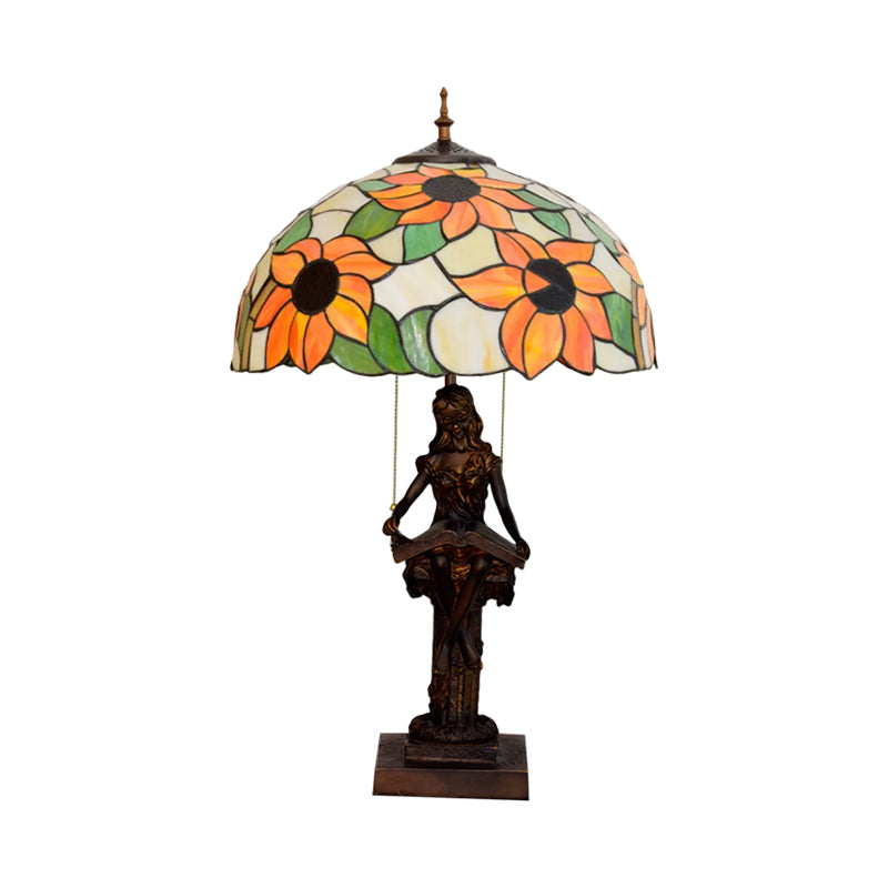 Little Girl Reading Book Table Lamp 2 Lights Resin Baroque Pull-Chain Nightstand Light with Sunflower Red/Orange Glass Shade Clearhalo 'Lamps' 'Table Lamps' Lighting' 889633