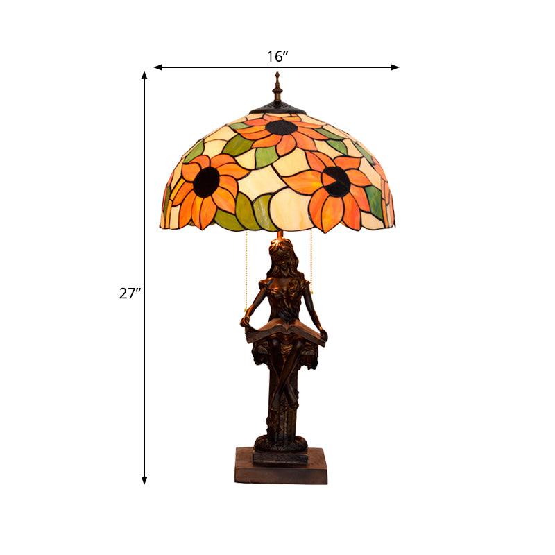 Little Girl Reading Book Table Lamp 2 Lights Resin Baroque Pull-Chain Nightstand Light with Sunflower Red/Orange Glass Shade Clearhalo 'Lamps' 'Table Lamps' Lighting' 889634