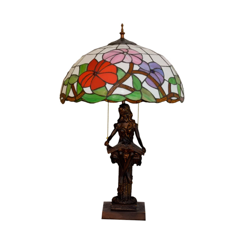 Little Girl Reading Book Table Lamp 2 Lights Resin Baroque Pull-Chain Nightstand Light with Sunflower Red/Orange Glass Shade Clearhalo 'Lamps' 'Table Lamps' Lighting' 889638