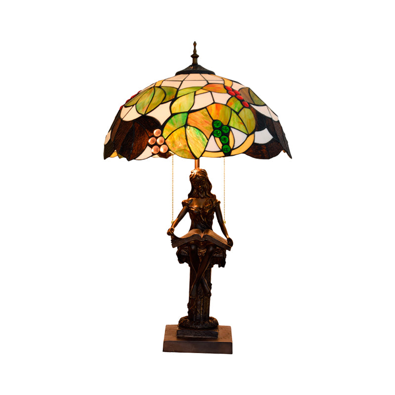 Green Glass Grapevine Night Lamp Tiffany 2-Head Coffee Pull Chain Table Lighting with Reading Girl Base in Coffee Clearhalo 'Lamps' 'Table Lamps' Lighting' 889640