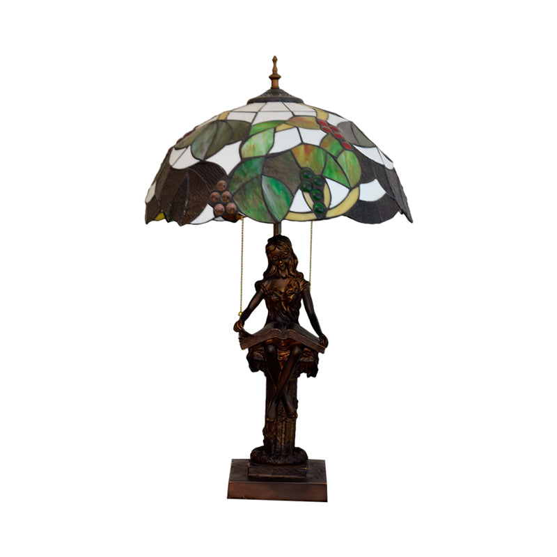 Green Glass Grapevine Night Lamp Tiffany 2-Head Coffee Pull Chain Table Lighting with Reading Girl Base in Coffee Clearhalo 'Lamps' 'Table Lamps' Lighting' 889641