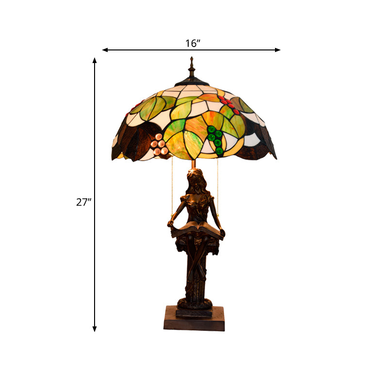 Green Glass Grapevine Night Lamp Tiffany 2-Head Coffee Pull Chain Table Lighting with Reading Girl Base in Coffee Clearhalo 'Lamps' 'Table Lamps' Lighting' 889642