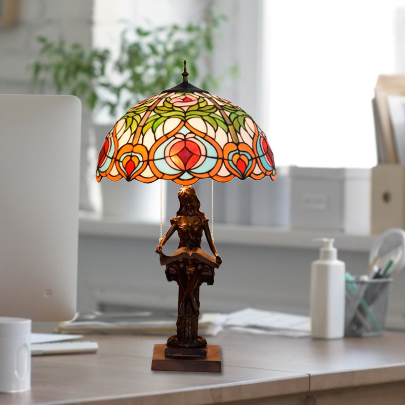 2 Bulbs Bedside Nightstand Lamp Tiffany Orange/Yellow Pull Chain Table Light with Peach/Geometric Pattern Stained Glass Shade Clearhalo 'Lamps' 'Table Lamps' Lighting' 889648