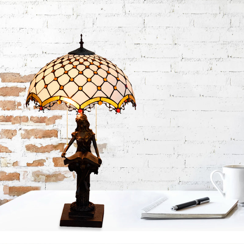 2-Light Reading Girl Table Light Tiffany Bronze Resin Pull Chain Night Lamp with Bird Blue-Brown/Net Yellow-White Glass Shade Yellow-White Clearhalo 'Lamps' 'Table Lamps' Lighting' 889651