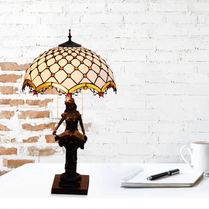 2-Light Reading Girl Table Light Tiffany Bronze Resin Pull Chain Night Lamp with Bird Blue-Brown/Net Yellow-White Glass Shade Yellow-White Clearhalo 'Lamps' 'Table Lamps' Lighting' 889651
