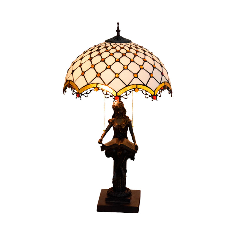 2-Light Reading Girl Table Light Tiffany Bronze Resin Pull Chain Night Lamp with Bird Blue-Brown/Net Yellow-White Glass Shade Clearhalo 'Lamps' 'Table Lamps' Lighting' 889652