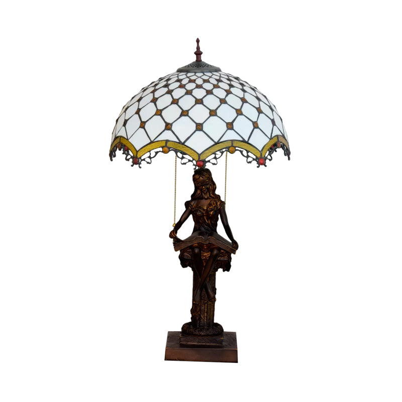 2-Light Reading Girl Table Light Tiffany Bronze Resin Pull Chain Night Lamp with Bird Blue-Brown/Net Yellow-White Glass Shade Clearhalo 'Lamps' 'Table Lamps' Lighting' 889653