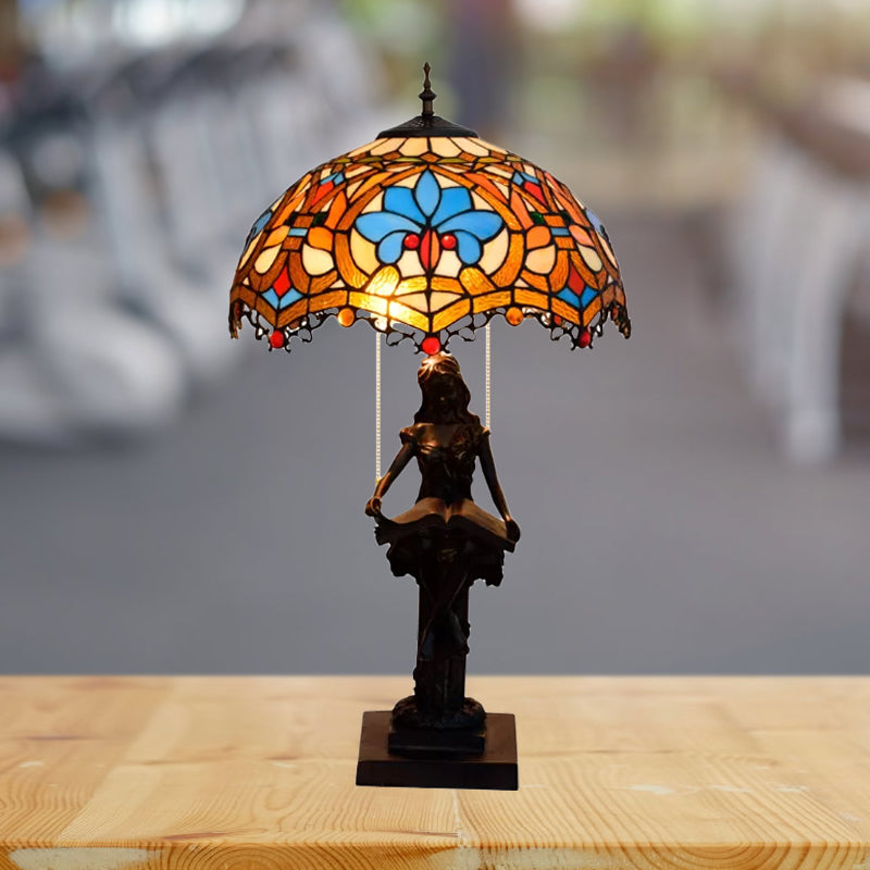 2-Light Reading Girl Table Light Tiffany Bronze Resin Pull Chain Night Lamp with Bird Blue-Brown/Net Yellow-White Glass Shade Blue-Brown Clearhalo 'Lamps' 'Table Lamps' Lighting' 889655