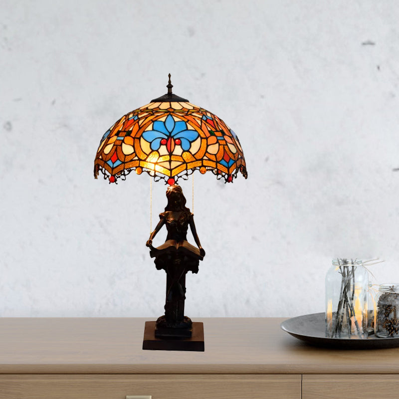 2-Light Reading Girl Table Light Tiffany Bronze Resin Pull Chain Night Lamp with Bird Blue-Brown/Net Yellow-White Glass Shade Clearhalo 'Lamps' 'Table Lamps' Lighting' 889656
