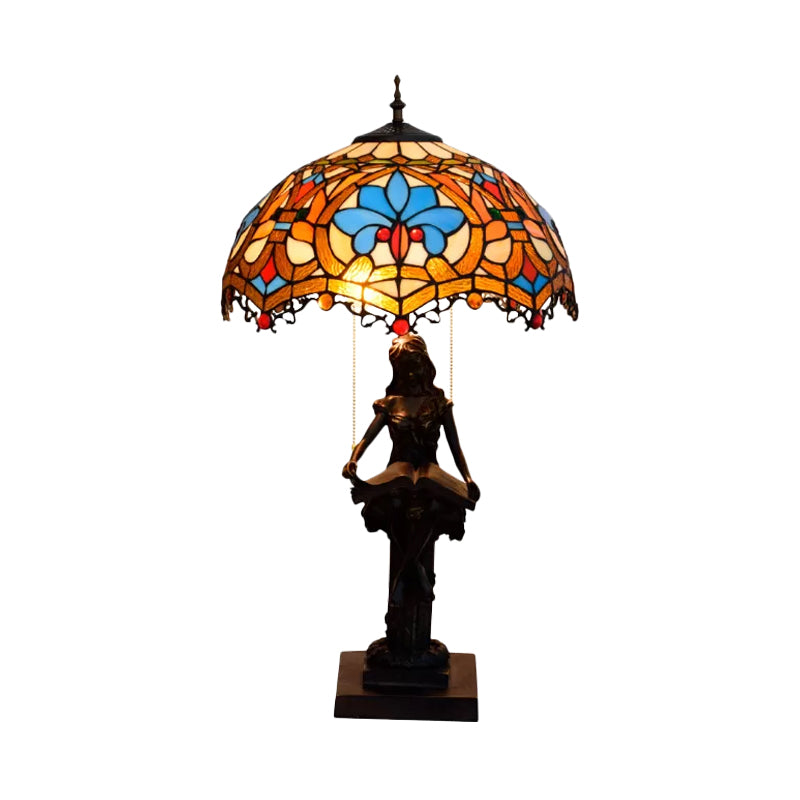 2-Light Reading Girl Table Light Tiffany Bronze Resin Pull Chain Night Lamp with Bird Blue-Brown/Net Yellow-White Glass Shade Clearhalo 'Lamps' 'Table Lamps' Lighting' 889657