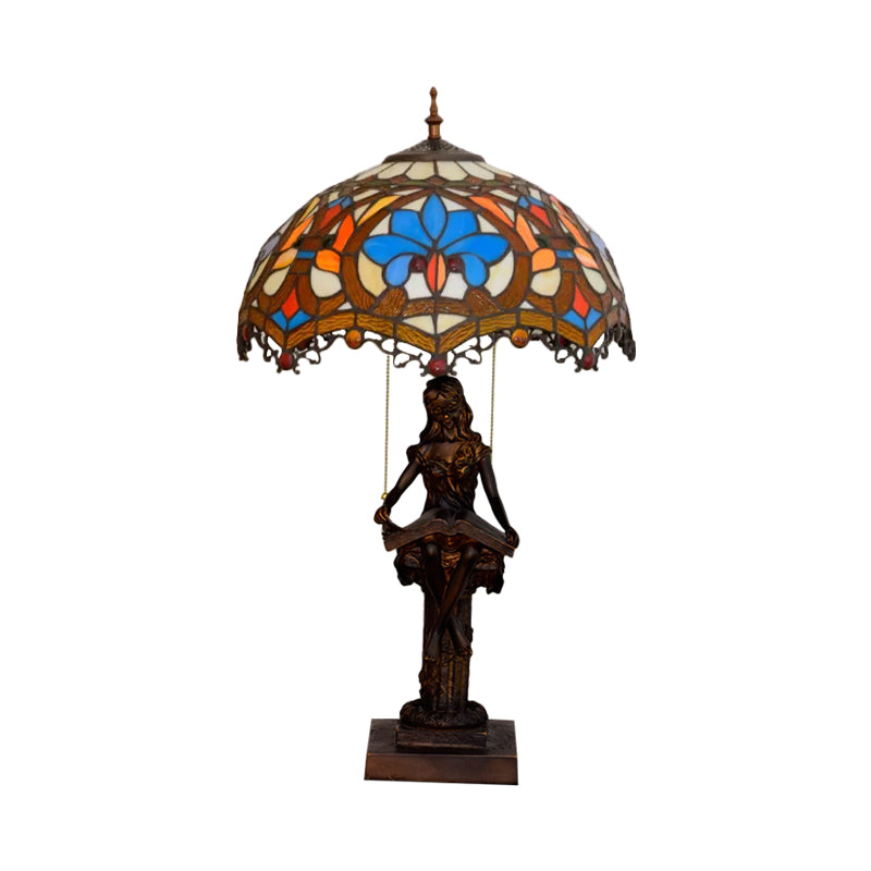 2-Light Reading Girl Table Light Tiffany Bronze Resin Pull Chain Night Lamp with Bird Blue-Brown/Net Yellow-White Glass Shade Clearhalo 'Lamps' 'Table Lamps' Lighting' 889658