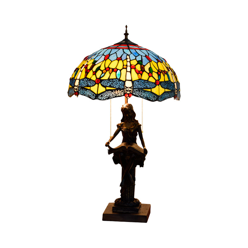 Dragonfly-Edge Night Light 2-Head Yellow/Orange/Green Cut Glass Tiffany Table Lighting with Pull Chain and Girl Pedestal Clearhalo 'Lamps' 'Table Lamps' Lighting' 889672