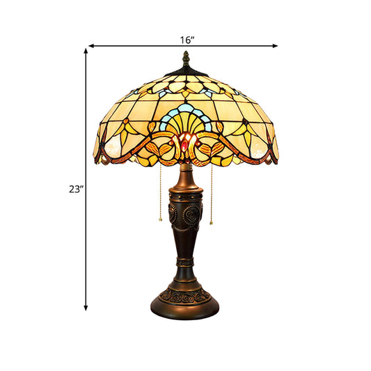 2 Heads Night Stand Lamp Mediterranean Teardrop-Edge Blue and White/Scroll Beige Glass Table Light with Pull Chain Clearhalo 'Lamps' 'Table Lamps' Lighting' 889730