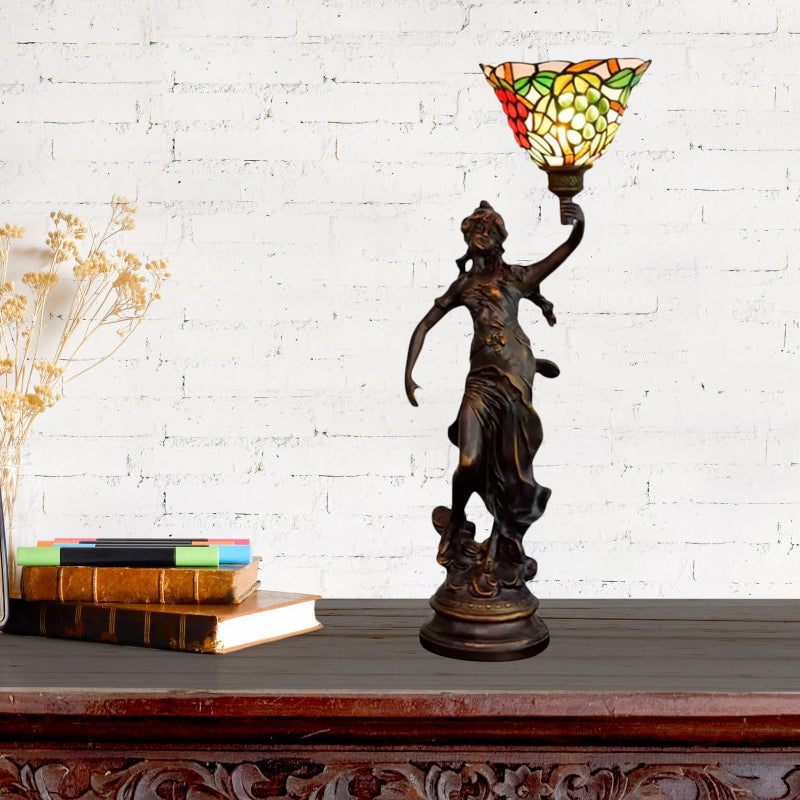 Angel Statue Night Stand Light Single White-Green/Orange/Green Floral Glass Tiffany Table Lighting in Bronze Clearhalo 'Lamps' 'Table Lamps' Lighting' 889778