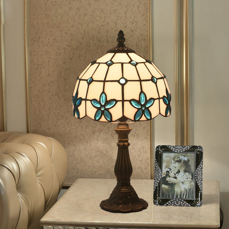 Lattice Bowl White Glass Table Lamp Victorian 1 Light Red/Yellow/Blue Flower Patterned Nightstand Light Clearhalo 'Lamps' 'Table Lamps' Lighting' 889815