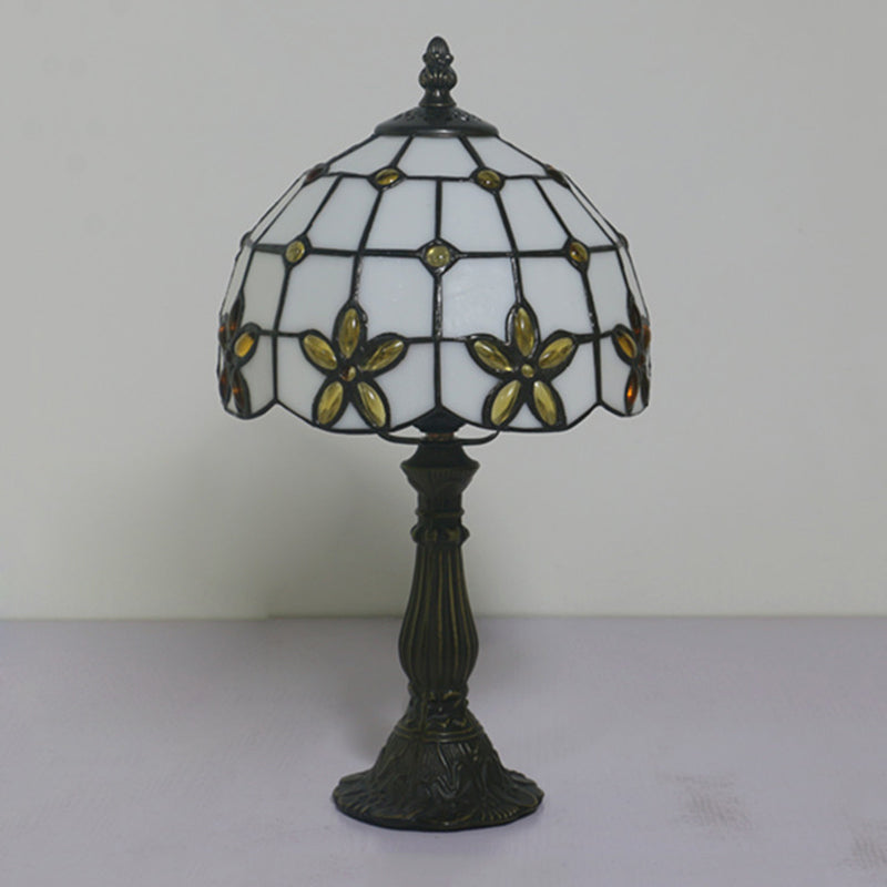 Lattice Bowl White Glass Table Lamp Victorian 1 Light Red/Yellow/Blue Flower Patterned Nightstand Light Clearhalo 'Lamps' 'Table Lamps' Lighting' 889819