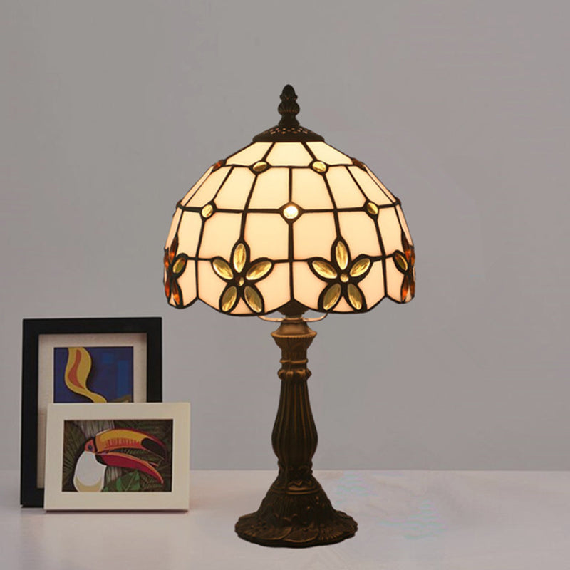 Lattice Bowl White Glass Table Lamp Victorian 1 Light Red/Yellow/Blue Flower Patterned Nightstand Light Clearhalo 'Lamps' 'Table Lamps' Lighting' 889820