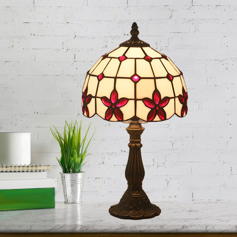 Lattice Bowl White Glass Table Lamp Victorian 1 Light Red/Yellow/Blue Flower Patterned Nightstand Light Red Clearhalo 'Lamps' 'Table Lamps' Lighting' 889822