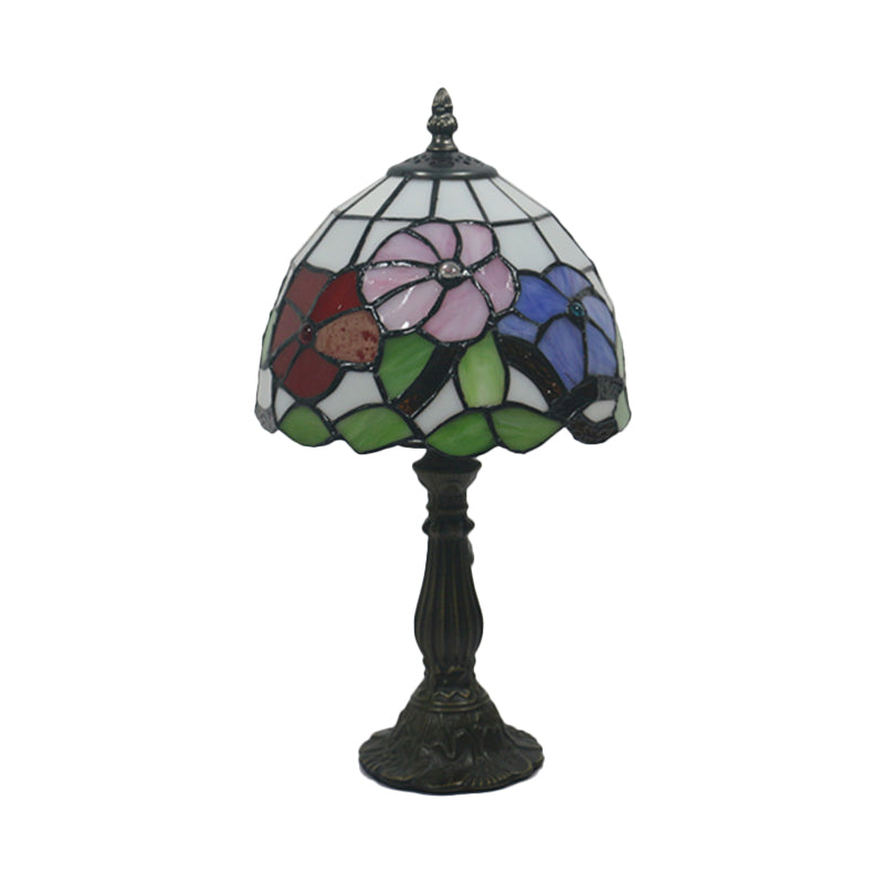 1 Light Bedside Night Table Light Tiffany Bronze Petal Patterned Nightstand Lighting with Dome Stained Glass Shade Clearhalo 'Lamps' 'Table Lamps' Lighting' 889840