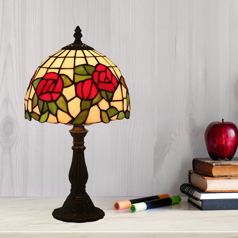 1-Light Nightstand Light Baroque Style Domed Stained Art Glass Bloom Patterned Night Lighting in Red/Pink for Bedroom Red Clearhalo 'Lamps' 'Table Lamps' Lighting' 889842