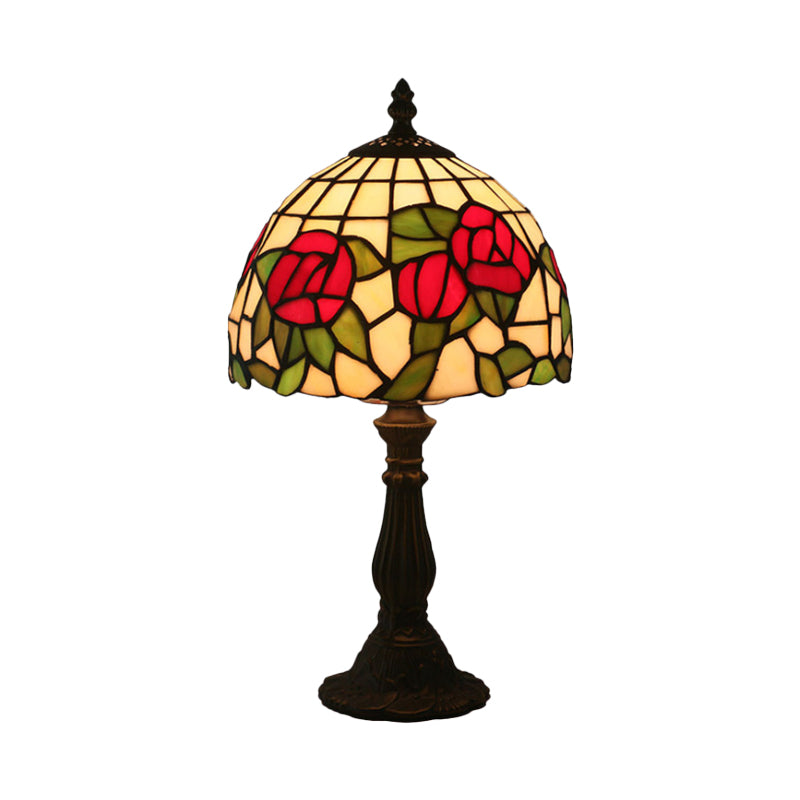1-Light Nightstand Light Baroque Style Domed Stained Art Glass Bloom Patterned Night Lighting in Red/Pink for Bedroom Clearhalo 'Lamps' 'Table Lamps' Lighting' 889843