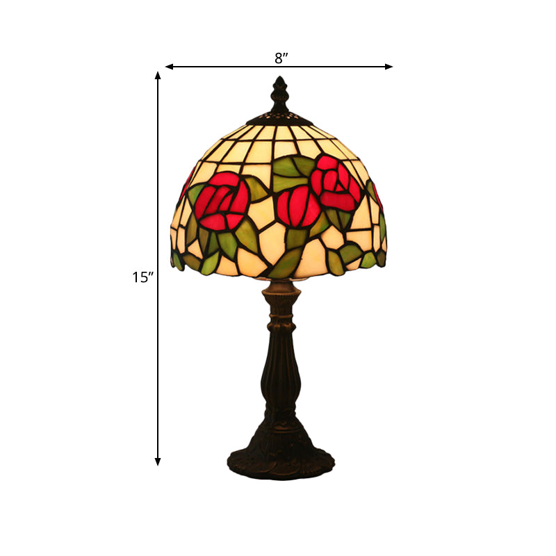 1-Light Nightstand Light Baroque Style Domed Stained Art Glass Bloom Patterned Night Lighting in Red/Pink for Bedroom Clearhalo 'Lamps' 'Table Lamps' Lighting' 889845