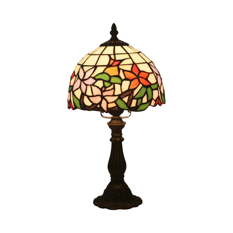 1-Light Nightstand Light Baroque Style Domed Stained Art Glass Bloom Patterned Night Lighting in Red/Pink for Bedroom Clearhalo 'Lamps' 'Table Lamps' Lighting' 889848