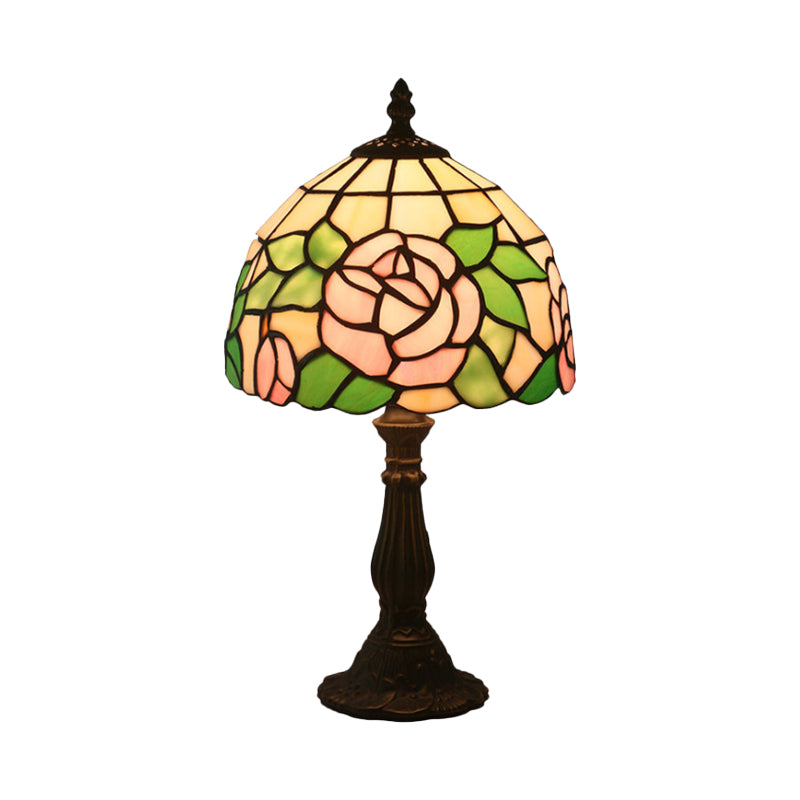 Pink/Purple and Pink Rose Night Lamp Victorian 1 Light Stained Art Glass Table Lighting with Dome Shade Clearhalo 'Lamps' 'Table Lamps' Lighting' 889851