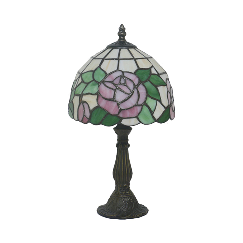 Pink/Purple and Pink Rose Night Lamp Victorian 1 Light Stained Art Glass Table Lighting with Dome Shade Clearhalo 'Lamps' 'Table Lamps' Lighting' 889852