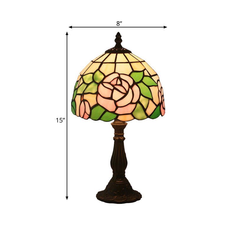 Pink/Purple and Pink Rose Night Lamp Victorian 1 Light Stained Art Glass Table Lighting with Dome Shade Clearhalo 'Lamps' 'Table Lamps' Lighting' 889853