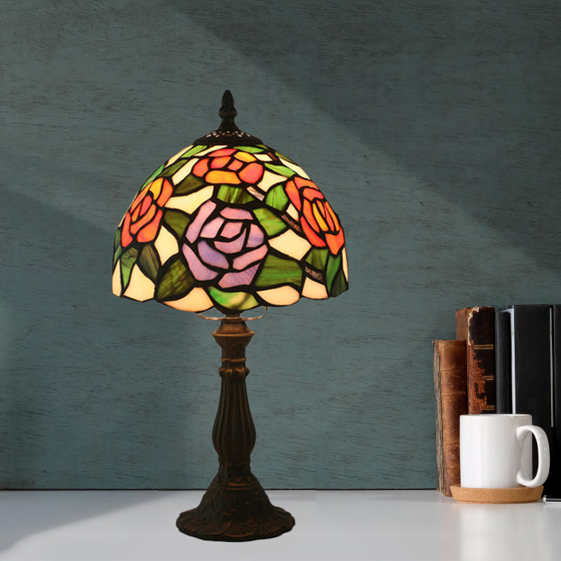 Pink/Purple and Pink Rose Night Lamp Victorian 1 Light Stained Art Glass Table Lighting with Dome Shade Clearhalo 'Lamps' 'Table Lamps' Lighting' 889859