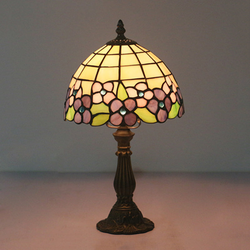 Tiffany Bowl Night Lighting 1 Head Hand Cut Glass Flower Patterned Table Light in Red/Yellow/Purple for Bedside Purple Clearhalo 'Lamps' 'Table Lamps' Lighting' 889866